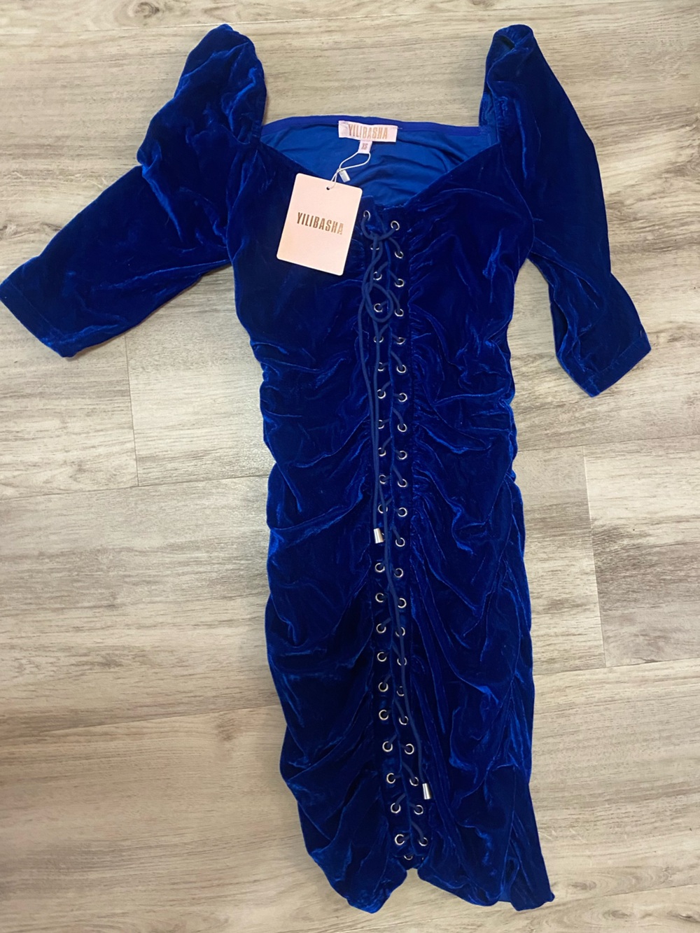Yilibasha Royal Blue Velvet Lace-Up Dress